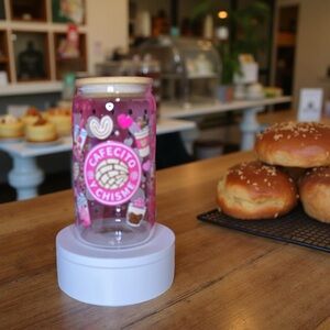 Pink Cafecito Chisme Glass Cup | 16 oz Glass Jar  w-Glass Straw and Bamboo Lid